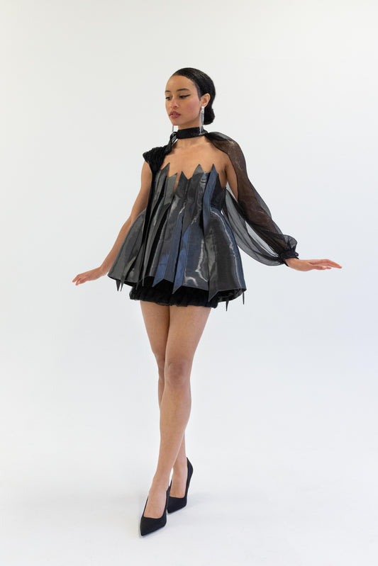 Futuristic metal liquid dress (black shirred skirt with bottom layer)